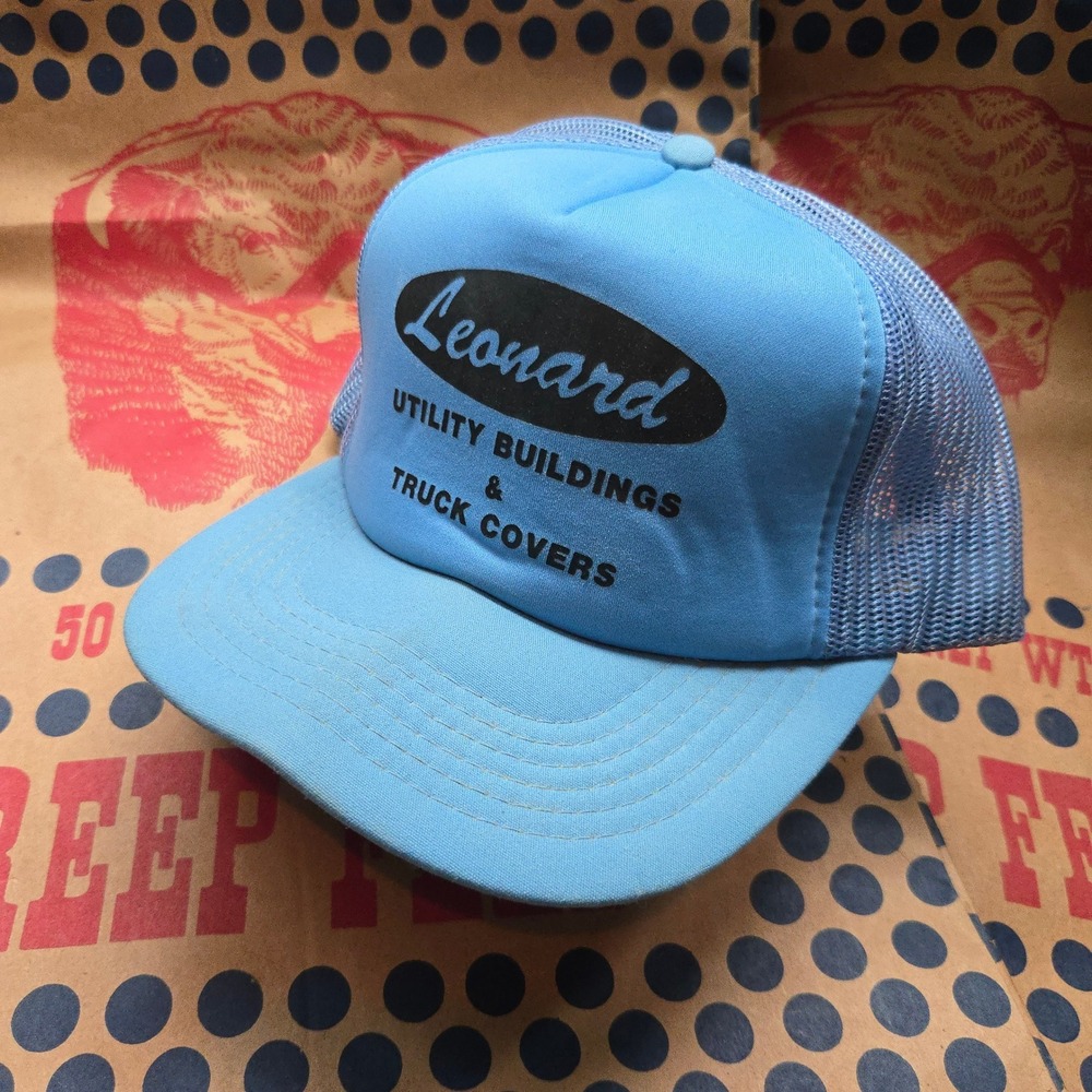 VTG Leonard Utility Buildings Truck Covers Hat Blue GUC OSFA Yupoong Snapback